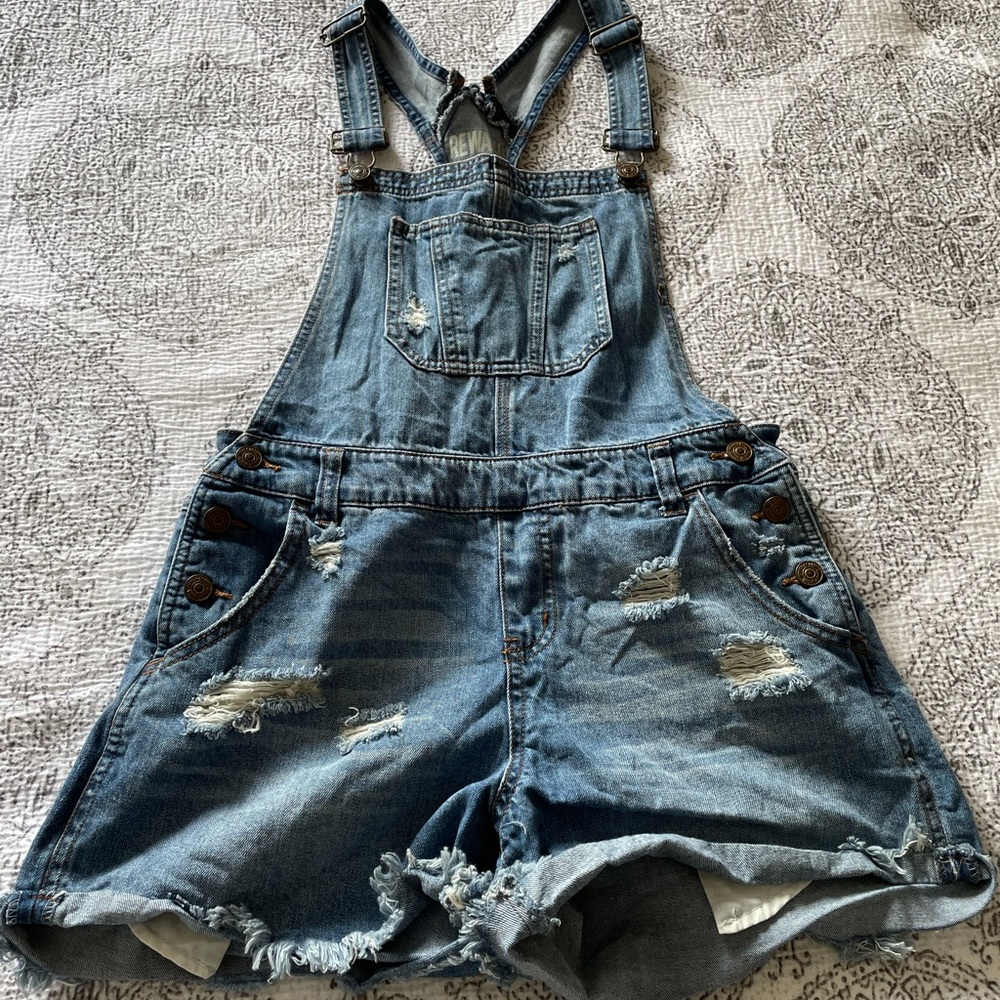Distressed Denim Shorts Overalls